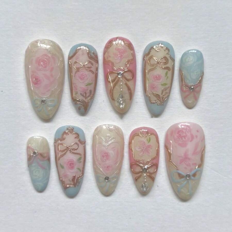 1 Set Wearing Nail Heart-Shaped Flower Wearable Fake Nail Art Nail Art Short Almond Shaped Nail Flakes - Màu Hồng baby - Xem 1