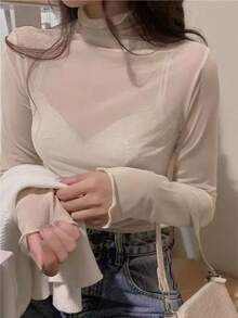 Blusa transparente de malla con cuello alto sexy para mujer, jersey ajustado de manga larga - Albaricoque - Ver 9