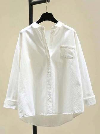 Women's Classic White Long Sleeve Button-Down Shirt With Pockets And High-Low Hem
