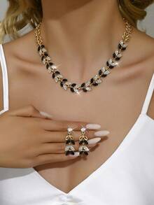 3 Stück/Set goldene Baum-Blatt-förmige Kristall Ohrringe und Halskette Set, romantische Elemente für Valentinstag Hochzeitsserie, universell passend für Hochzeitssaison und Karneval