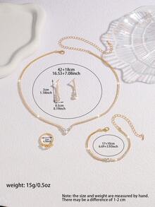 5 件套奢华锆石几何项链、耳环、手链、戒指首饰套装，优雅奢华的配饰，适合新女士日常通勤和新娘派对佩戴 - 金色 - 查看 4