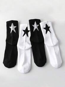 2 Pares de Meias Femininas Cano Médio com Padrão de Pentagrama Preto e Branco, Adequadas para Esportes e Uso Casual