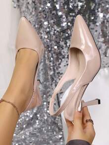 女士高跟鞋，春季新款尖头高跟鞋，性感细高跟镜面漆皮绑带凉鞋，二合一鞋款，高跟鞋，时尚杏色凉鞋 - 杏色 - 查看 4