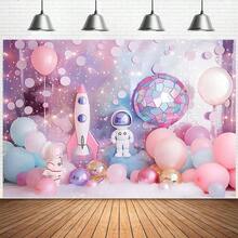 Teln de fondo de cumpleaos de astronauta espacial para fotografa rosa para nios y nias, temtica de astronauta, decoracin de de cumpleaos, estrellas con purpurina, fondo de visualizacin - 5x3 pies - Ver 6