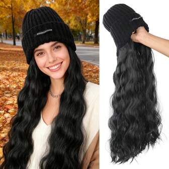 22 Inch Long Straight Curly Wave Hat Wig Synthetic Wig With Elastic Knitted Cap - Beanies Hat Wig High Temperature Fiber, 100% Density, Natural Look For Daily Wear, Basics Style