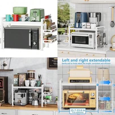 YIUKEA Over The Microwave Shelf Adjustable Countertop Microwave Stand 2 Tier Microwave Rack L15.7~23.6" XW12.8 XH17.7 With Spice Organizer And 6 Hooks For Kitchen White