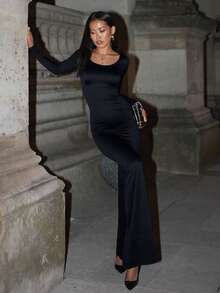 Basrey New Elegant Black Round Neck Long Sleeve Backless Fitted Pleated Dress, Wrap-Around Hip Design, Fishtail Hem, Formal Gown, Perfect For Cocktail Party, Ball, Formal Dinner - Black - View 4