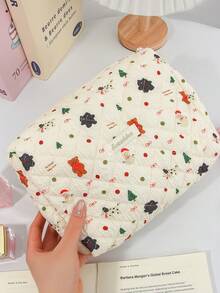 1 pieza Bolsa de maquillaje acolchada con muñeco de nieve beige para el Día de Navidad, bolsa de cosméticos con gran capacidad y cremallera, esencial para viajes y vacaciones, para toallas sanitarias, almohadillas, llaves, auriculares con cable, cargador, lápices labiales, cosméticos, perfume, organizador de brochas de maquillaje, para productos de cuidado de la piel y belleza, para mujeres, estudiantes, niñas escolares, regalo de Navidad, regalo de Año Nuevo - Beis - Ver 9