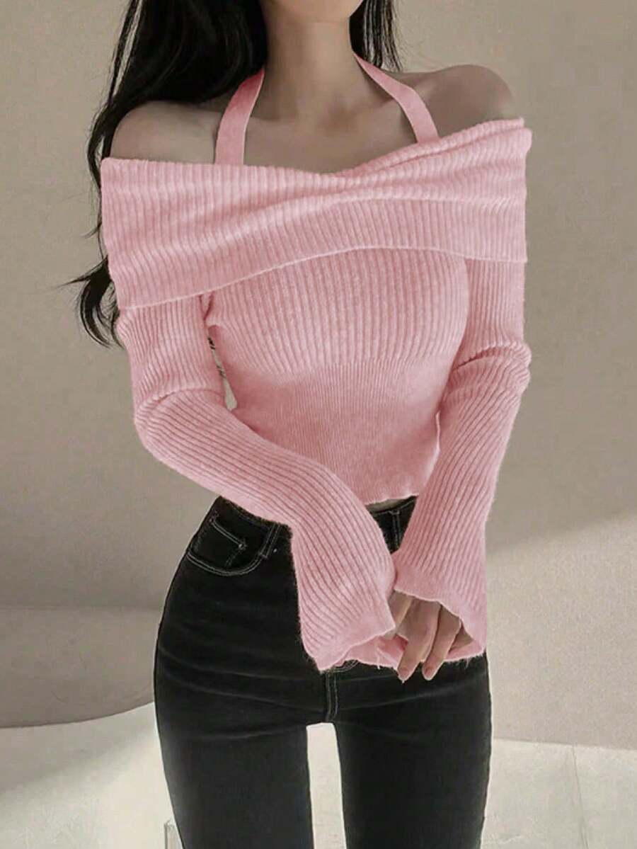 Women's Solid Color Cold Shoulder Long Sleeve Stylish Slim Fit Cropped Turtleneck Sweater, Autumn/Winter - Pink - View 1