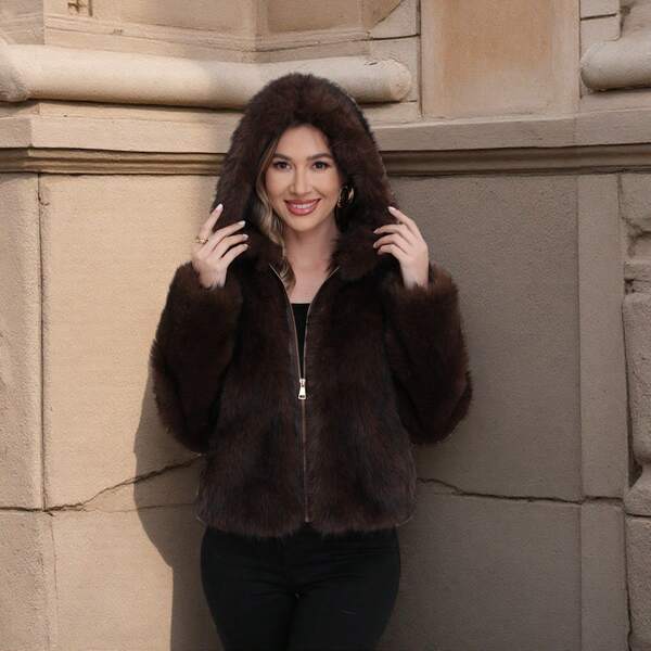 Elegancka damska kurtka z kapturem ze sztucznego futra, ciepły brązowy płaszcz z długim rękawem