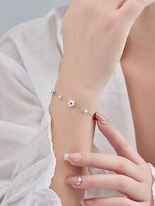 1 pieza Pulsera de flor de vidrio resistente al color hecha a mano, pulsera minimalista de mujer de acero inoxidable con flor de color mixto