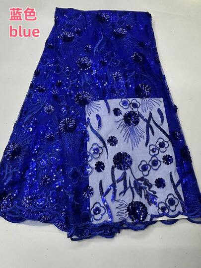 2025 Nueva moda de alta calidad Tela de malla bordada con lentejuelas azules/doradas con flores, 1 yarda/5 yardas, adecuada para ropa de mujer, costura artesanal, tela de encaje de malla delgada para vestidos de boda, fiesta y noche de mujeres africanas/nigerianas/francesas negras/plateadas, decoración del hogar DIY
