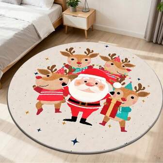 1pc Velvet Carpet Floor Mat, Christmas Themed Round Santa Claus Decorative Rug, Suitable For Living Room, Bedroom, Kids Room, Study, Lounge Kitchen Rug
