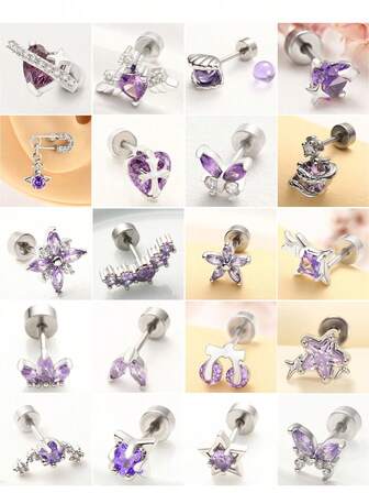 1 件紫色贝壳五角星锆石耳钉，可爱甜美中性身体穿孔首饰