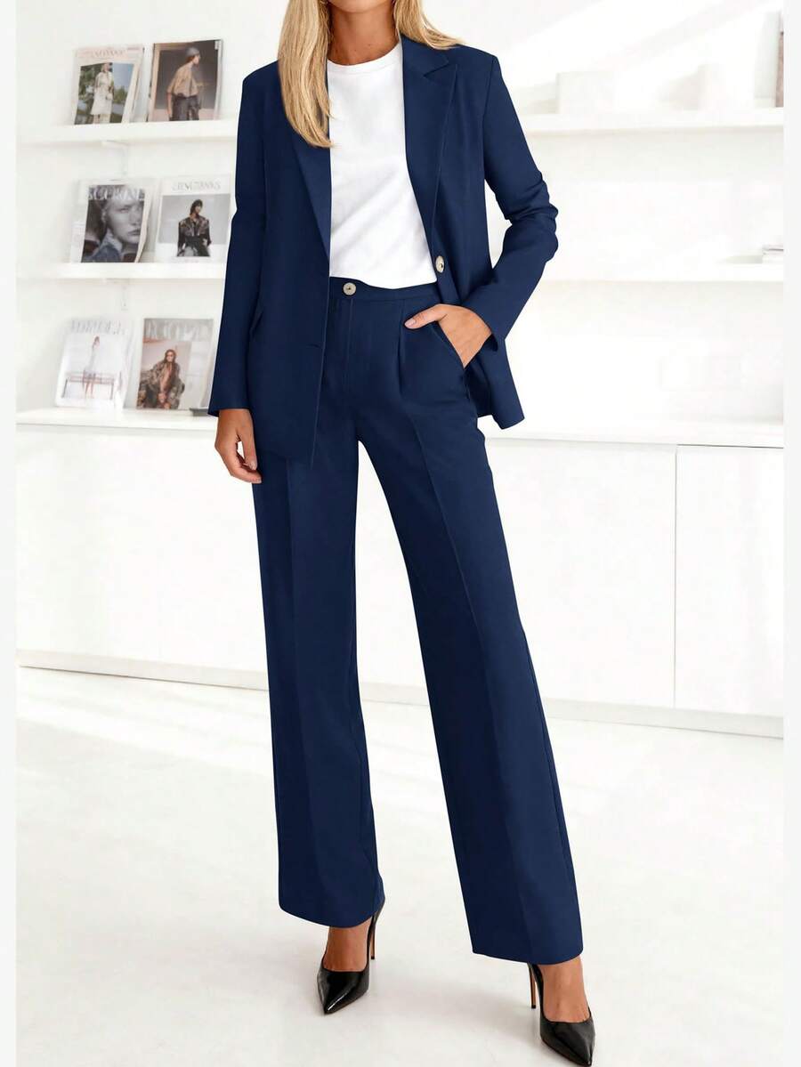 Women's Two-Piece Suit Business Casual Blazer And Wide-Leg Pants Set Professional Office Attire - Màu xanh nước biển - Xem 1