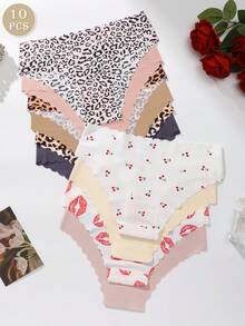 10pcs/Pack Women's Seamless Panties, Soft & Comfortable Hipster Briefs, Leopard Print Sexy Underwear - Multicolor - View 3