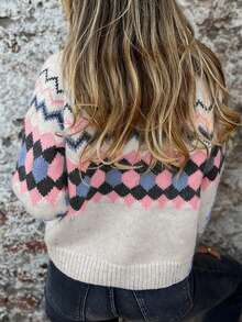 Acelitt Cardigan décontracté d'hiver pour femmes avec motif géométrique rayé rose et boutons contrastants, pour un usage quotidien