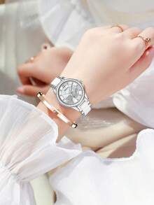 GUANQIN 1 szt. Wodoodporny zegarek ze świecącymi elementami z motywem LOVE, tarczą z kryształkami, odporny na zużycie, ze stali nierdzewnej, ceramicznym paskiem, modnym, biznesowym, luksusowym, sportowym, klasycznym, prostym i swobodnym, mechanicznym stylem, automatycznym zegarkiem kwarcowym, odpowiednim na Halloween, Boże Narodzenie, dla studentów, na festiwale, randki, do pracy, na co dzień, na prezenty