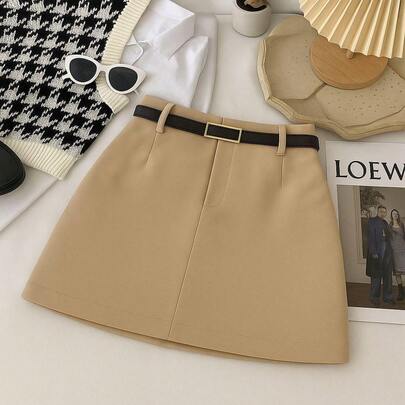 Mini Shorts-Saia Casual de Cintura Alta Evasê Com Cinto Perfeito Para Uso Diário No Verão