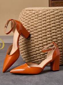 7cm Orange Chunky Heel Pointed Toe Women's High Heels, French Minimalist Style With Adjustable Metal Buckle & Hollow-Out Design, Comfortable For Commuting - Orange - View 5
