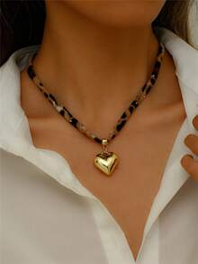 1pc Leopard Printing Necklace, Heart Bow Star Flower Pendent Necklace, Winter Necklace, Daily Accessory, Dating, Party Necklace, Woman Gift, Valentine's Day Gift Valentines