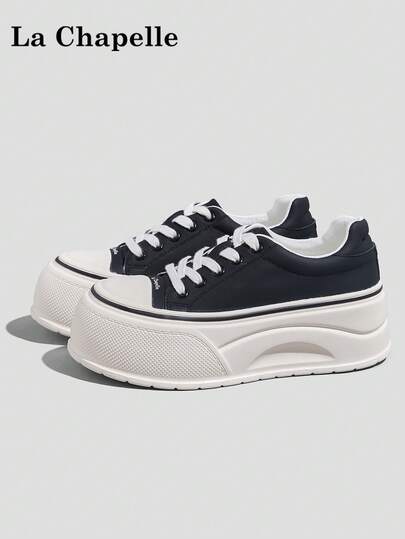 1 Pair La Chapelle Women's Thick Sole Lace-Up Soft Bottom Casual Shoes, Low-Top Outdoor Flat Shoes, Round Toe Low Heel Non-Slip Solid Color Elegant Soft Bottom Hiking Shoes Suitable For Students Graduation Photos, Women Low-Top Leather Sneakers