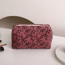 1pc Minimalist Floral Corduroy Cosmetic Bag, Portable Travel Organizer Pouch, Oxford Cloth Lining