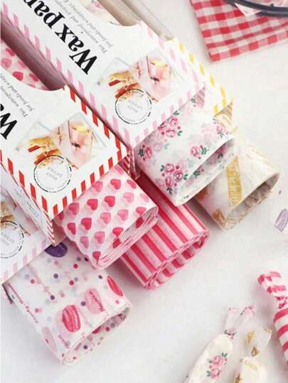 不粘烘焙垫 - 粉色条纹，花卉图案，适用于野餐、礼品盒、食品包装、家庭烘焙、派对装饰，耐用材质，材质，蜡纸心形和玫瑰图案防油篮子内衬包装纸，硅胶烘焙纸，适用于三明治、汉堡、薯条、饼干，颜色和款式随机