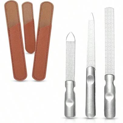 3Pcs Metal Nail File, Double Sided Stainless Steel Nail Files With Non - Slip Handle And Leather Case, Finger Nails Buffering File Thick Toenails Men Women Home, Salon, Travel Use