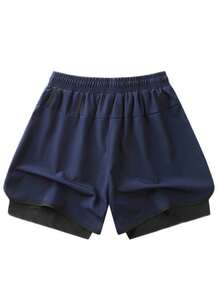 Men's Bermuda Shorts 2 In 1 Double Sport Shorts For Gym And Running With Cell Phone Compartment - 藏蓝色 - 查看 3