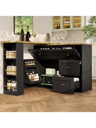 Extendable Bar Tafel Storage Space (138 204*39*105cm), Kitchen Cabinet, Sideboard Snack Shelf, Telescopic Table, High Bistro Isl Zwart