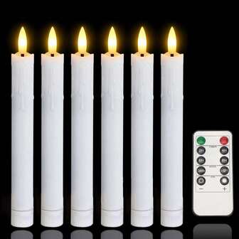 Flameless Flickering Taper Candles Two Remote, 7.5 Inch Ivory Battery Operated LED Window Candles Timer,Set Of 6 Plastic 3D-Wick Dripping-Wax Effect Flameless Candlesticks(0.86"Dia,Warm Fire)