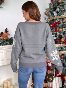 Suéter navideño casual mujer diseño divertido tejido jacquard árbol de Navidad copos holgado cuello redondo manga larga invierno fiesta familiar Ugly Sweater - Gris - Ver 2