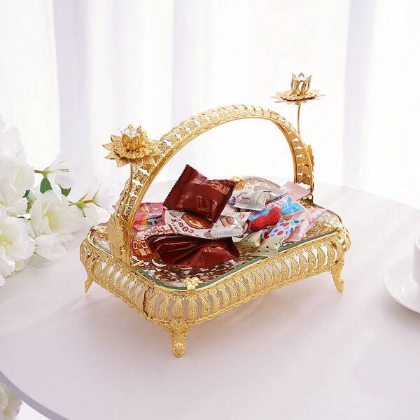 1pc Vintage European Style Fruit Plate, High-End Hotel Decor, Gold Glass Plate, Handheld Fruit Basket, Cake Plate Decoration