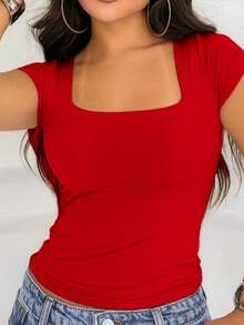 Kit Of 3 Basic Suplex Blouses, Square Neckline, Short Sleeve, Lined - Red/White/Black - View 4