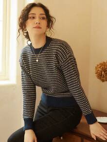 Knit Mix Allover Pattern Drop Shoulder Jumper - Navy Blue - View 3