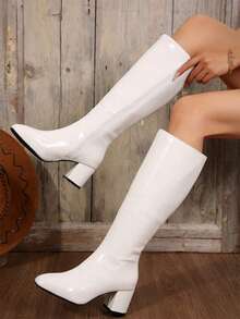 Women's Fashion Simple Knee-High Boots, Thick Heel Riding Boots, White Boots For Autumn/Winter - White - View 2