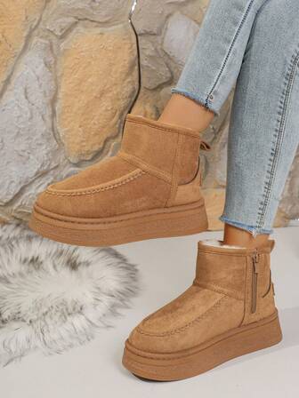 Women's Thick Sole Casual Side Zipper Solid Color Thermal Lined Ankle Boots, Anti-, Warm For Autumn/Winter