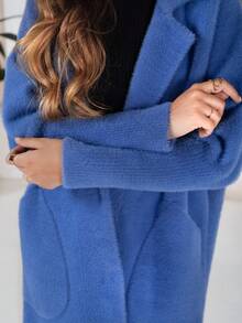 Cappotto lungo oversize da donna in alpaca, realizzato in lana e angora, elegante cappotto autunnale e invernale con colletto e tasche, cappotto caldo senza cappuccio, elegante stile quotidiano, cappotto elegante e comodo per il freddo - Blu - Visualizzare 2