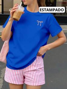 Playera Multicolor con Moño Minimalista estampado- Casual y Versátil - Azul - Ver 1