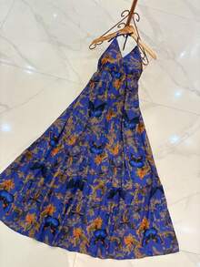Long Dresses With 3D Multicolored Print, New Model With Tie At The Back And Bare Back - Dark Wash - View 3