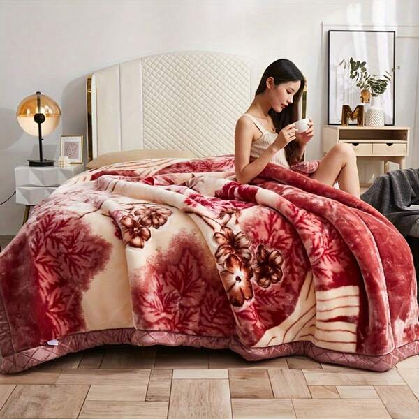 1pc High Quality Floral Print Luxury Blanket, Thick Double-Layer Plush Blanket, Suitable For All Seasons