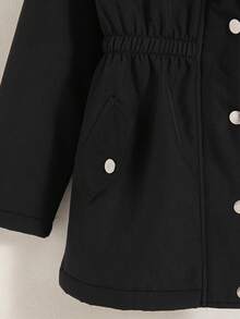 少女休闲户外时尚纯色假口袋抽绳连帽羽绒服，保暖内衬，秋冬季 - 黑色 - 查看 6