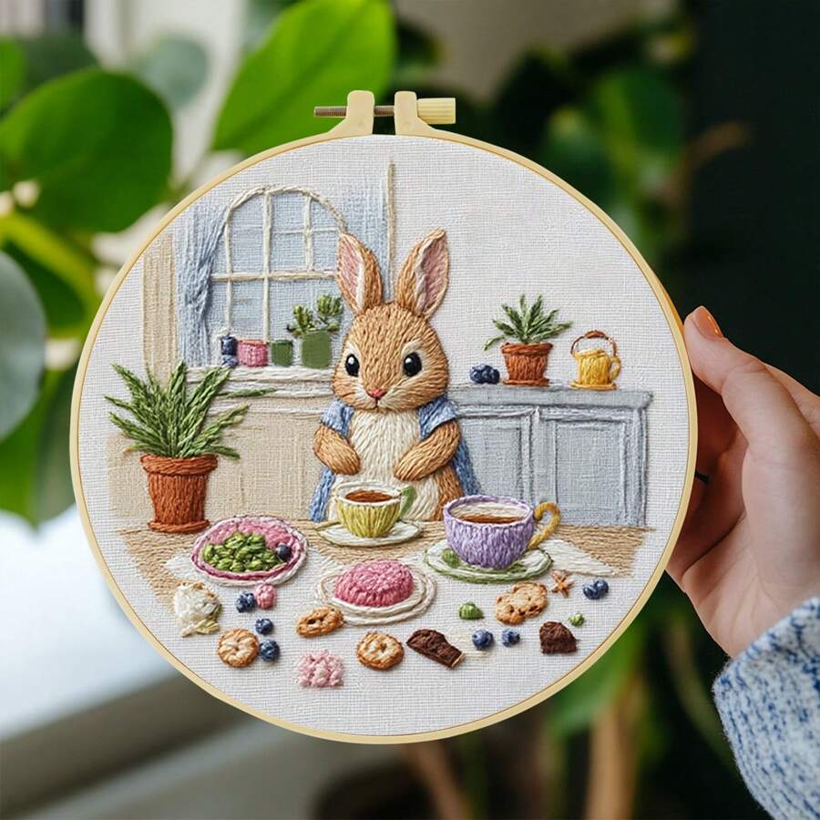 1 Bộ thêu, 15x15cm/5.9x5.9in--20x20cm/7.9x7.9in, Chủ đề nấu ăn trong bếp hình thỏ, Bộ thêu thủ công DIY phù hợp cho người lớn và người mới bắt đầu, Bao gồm hướng dẫn sử dụng, vải in, khung thêu, kim và chỉ, tranh thêu chữ thập Quà tặng Giáng sinh cho gia đình và bạn bè