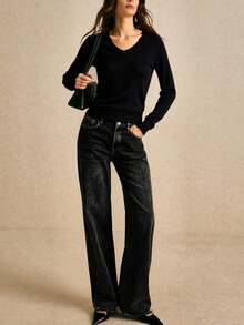 Suéter para mujer estilo casual sencillo tejido color sólido ajustado escote V manga larga otoño invierno uso diario oficina - Negro - Ver 3