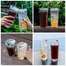 - 2 Vasos de 20 oz vidrio con tapa y popotes, juego de 2 piezas de cristalera, ideales para caf helado, ccteles y ms Paquete de 2 - Corteza pura - Textura - Ver 1