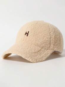 Classic Solid Color Faux Shearling Embroidered Letter Baseball Cap, Fashionable Outdoor Upgrade Women's Charm, Versatile Fluffy Baseball Cap, Embroidered Letter Casual Streetwear Party Cap, Polyester, Autumn/Winter