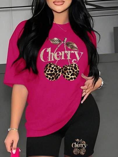 Conjunto set paquete pack 2 piezas dama mujer playera camiseta blusa gráfica manga corta cuello redondo shorts leggings biker cortos básico casual estampado cereza cherry animal print leopardo