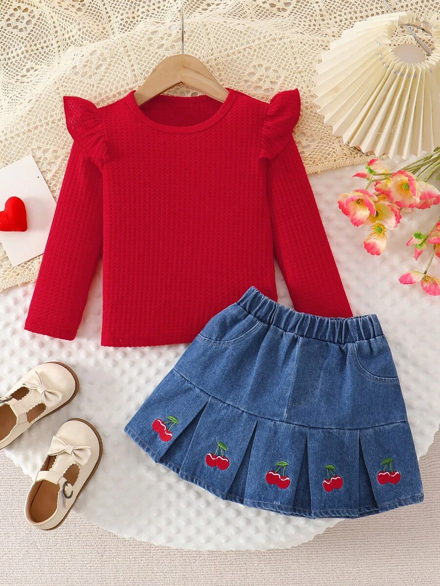 2pcs/Set Young Girls' Solid Color Cute Flutter Sleeve Round Neck Long Sleeve T-Shirt Top And Cherry Embroidery Blue Denim Versatile Mini Skirt Set, Autumn - Red - View 1