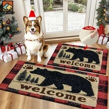 1 pieza/2 piezas Felpudo antideslizante para baño con diseño de oso de bienvenida, árboles de pino y cuadros, de material de felpa de cachemira sintética, decoración esponjosa adecuada para baños, entradas, cocinas y decoraciones festivas, lavable a máquina, idea de regalo - Multicolor - Ver 8